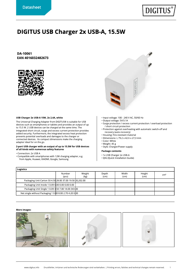 Page 1 de la notice Fiche technique Digitus DA-10061