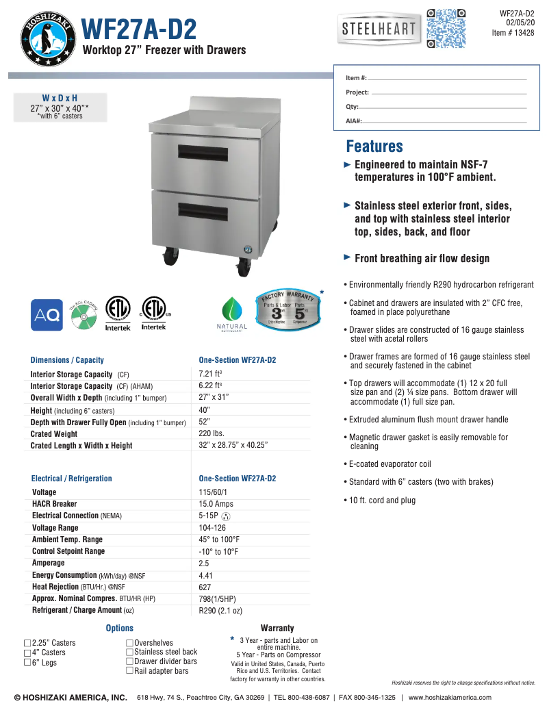 Page 1 de la notice Fiche technique Hoshizaki CRMF27-WD