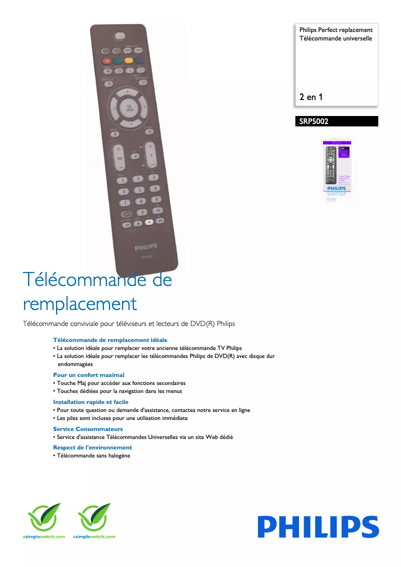 Page 1 of the manual Technical Sheet Philips SRP5002