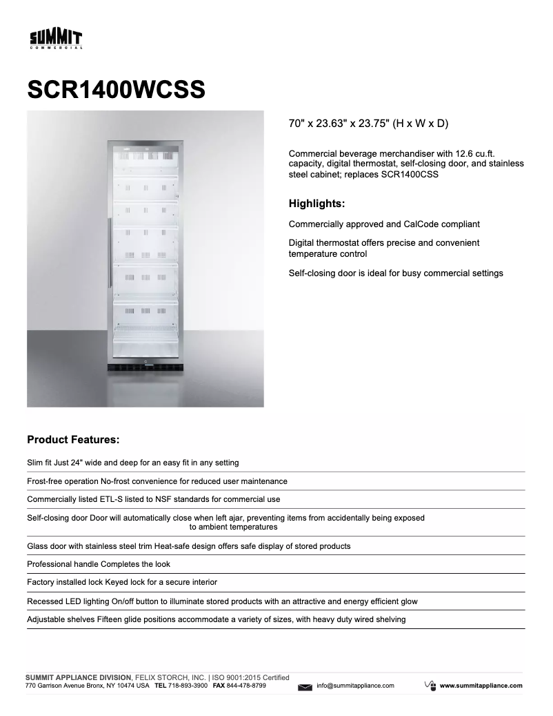 Page 1 de la notice Fiche technique Summit Commercial SCR1400WCSS