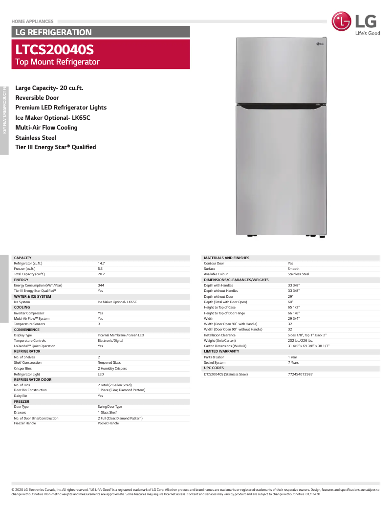 Page 1 de la notice Fiche technique LG LTCS20040S