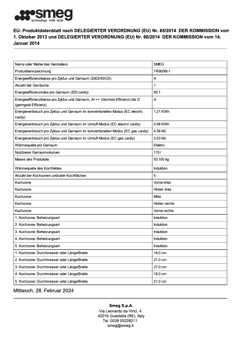 Page 1 de la notice Fiche technique Smeg TR90IX9-1
