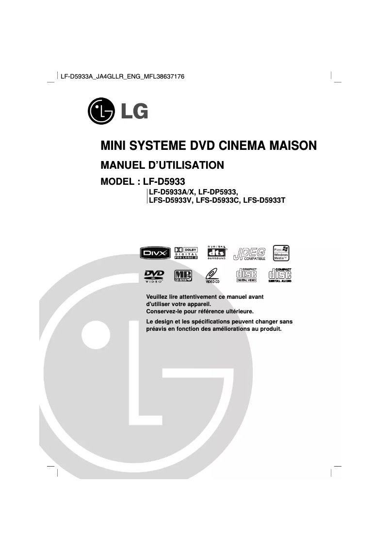 Page 1 de la notice Manuel utilisateur LG LF-D5933A