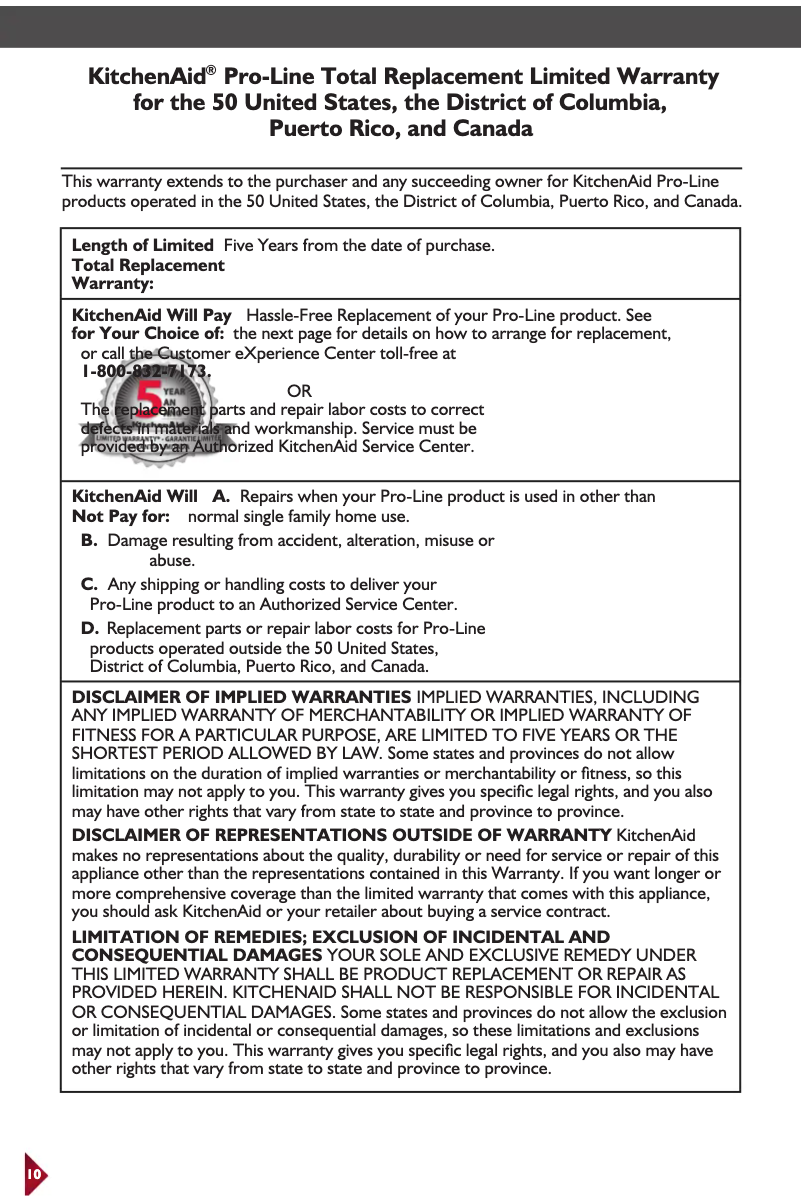 Page 1 de la notice Informations de garantie KitchenAid Pro Line KEK1522