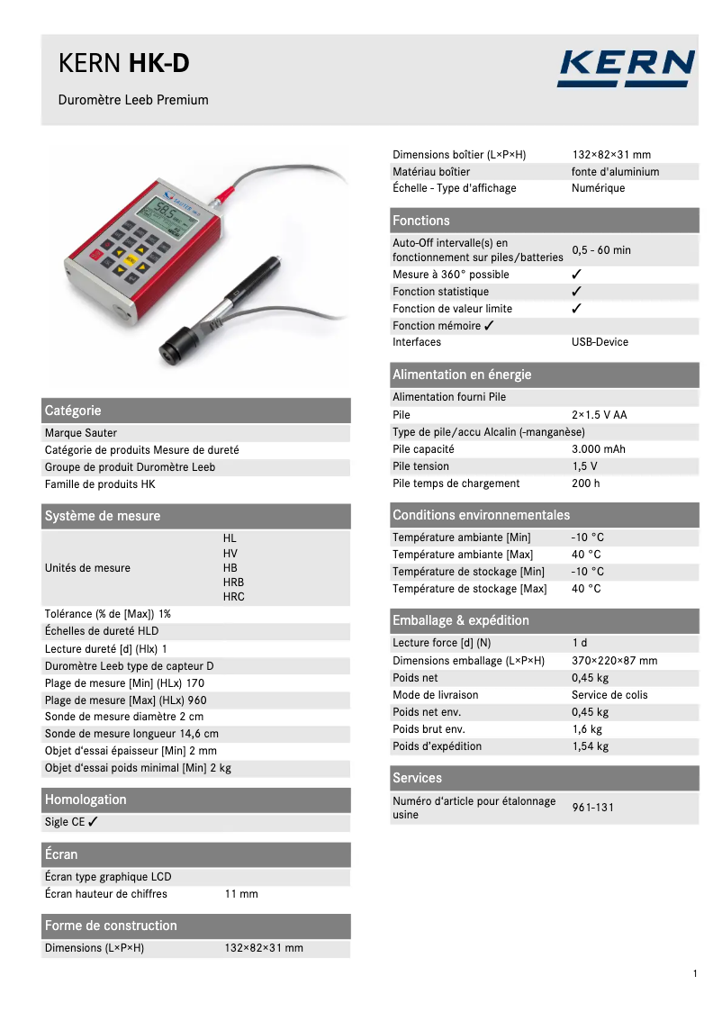 Page 1 de la notice Fiche technique Kern HK-D