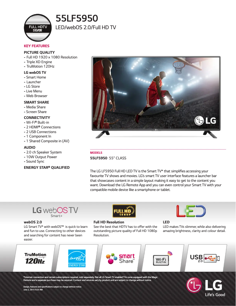 Page 1 de la notice Fiche technique LG 55LF5950