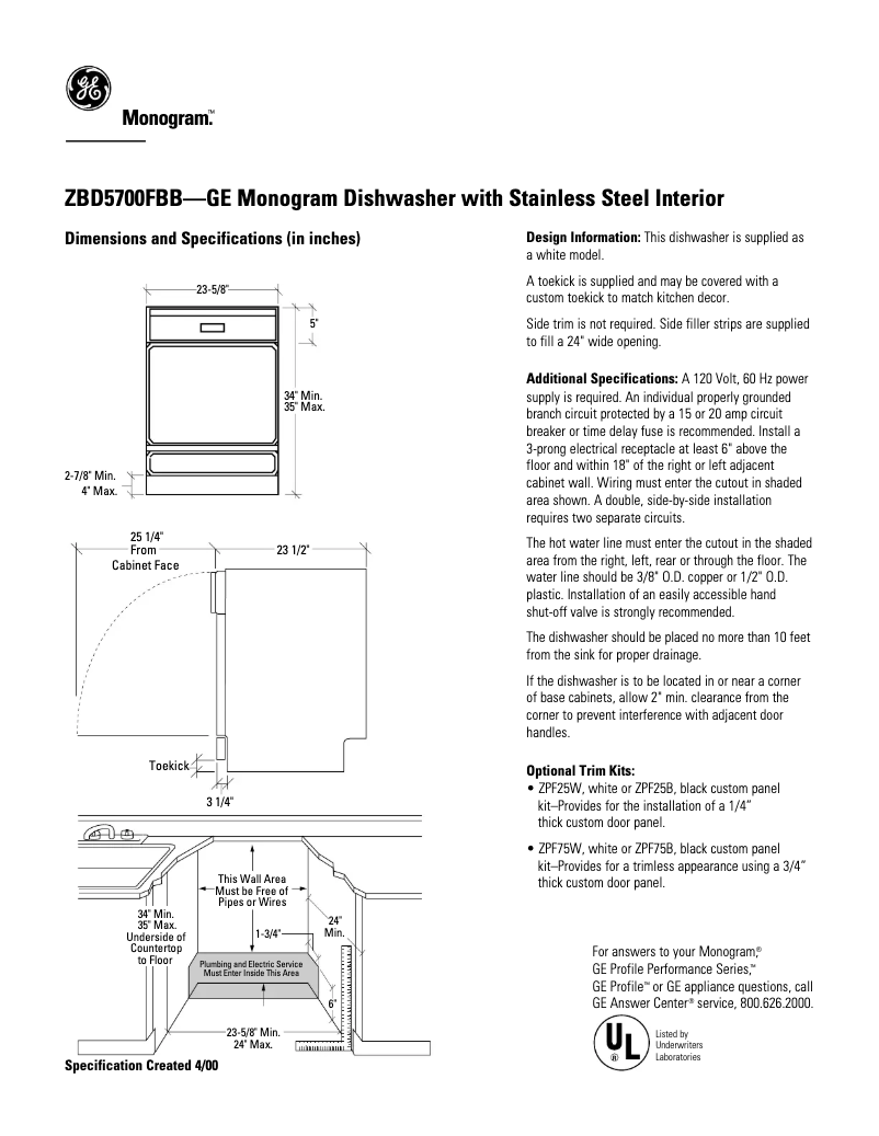 Página 1 del manual Ficha técnica GE ZBD5700FBB