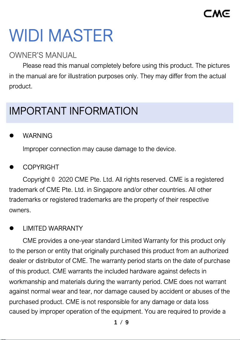 Page 1 de la notice Manuel utilisateur CME WIDI Master