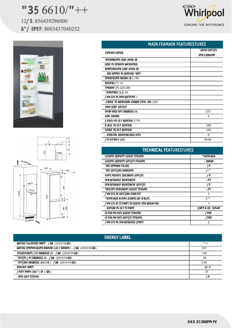Page 1 of the manual Technical Sheet Whirlpool ART6610/A++
