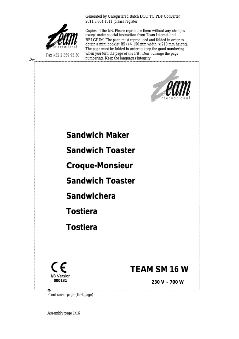 Page 1 de la notice Manuel utilisateur Team SM 16 W