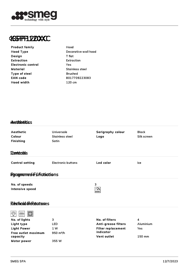 Página 1 del manual Ficha técnica Smeg KSPP120XC