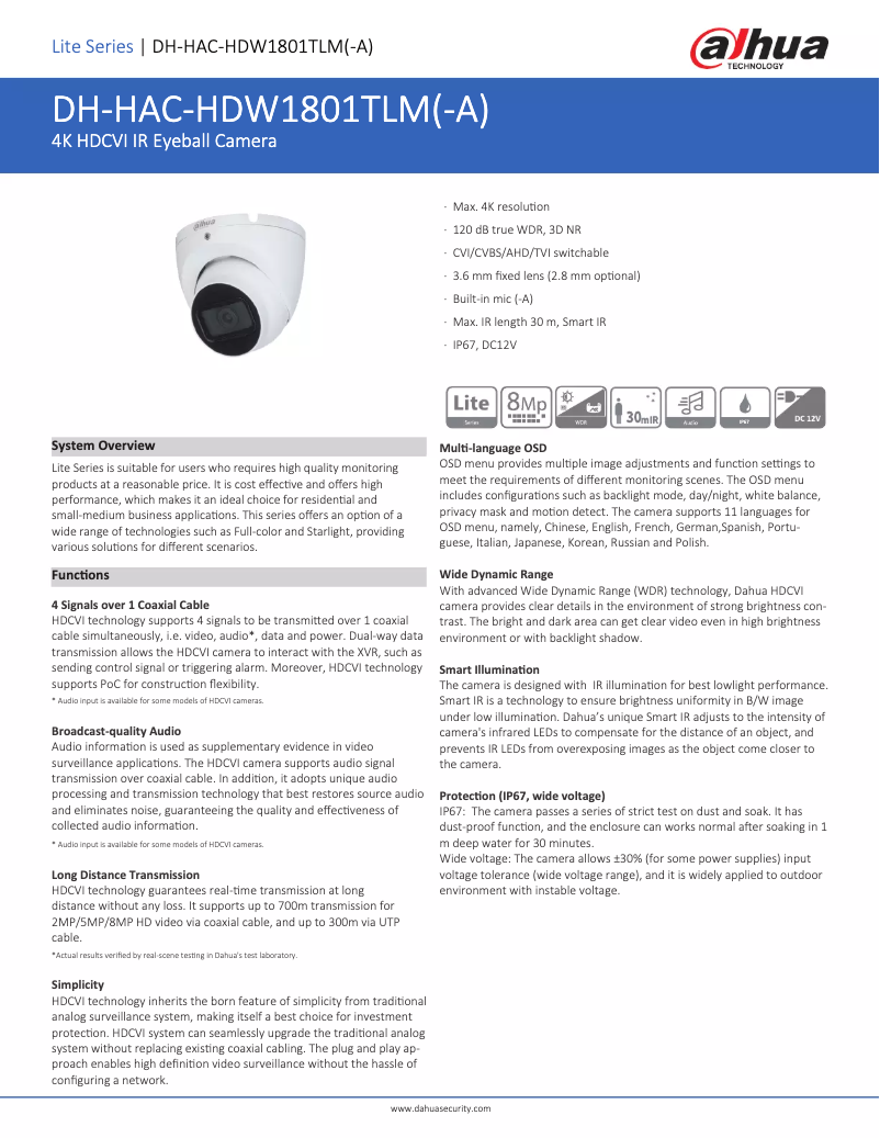 Page 1 de la notice Fiche technique Dahua Technology HAC-HDW1801TLM