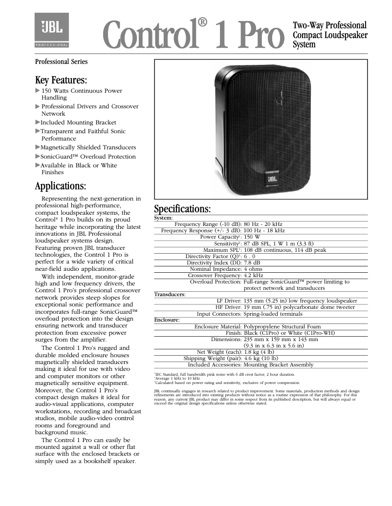 Page 1 de la notice Fiche technique JBL Control 1 Pro