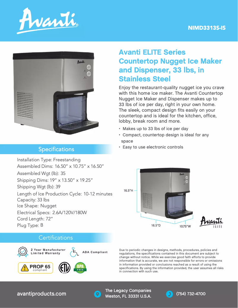 Page 1 de la notice Fiche technique Avanti NIMD3314BS-IS