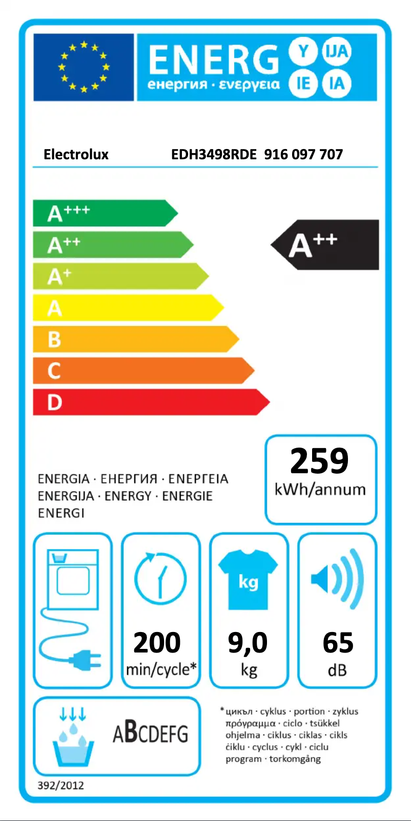 Page 1 de la notice Label énergétique Electrolux EDH3498RDE