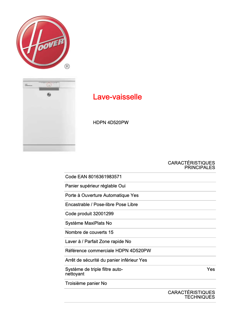 Page 1 de la notice Fiche technique Hoover HDPN 4D520PW