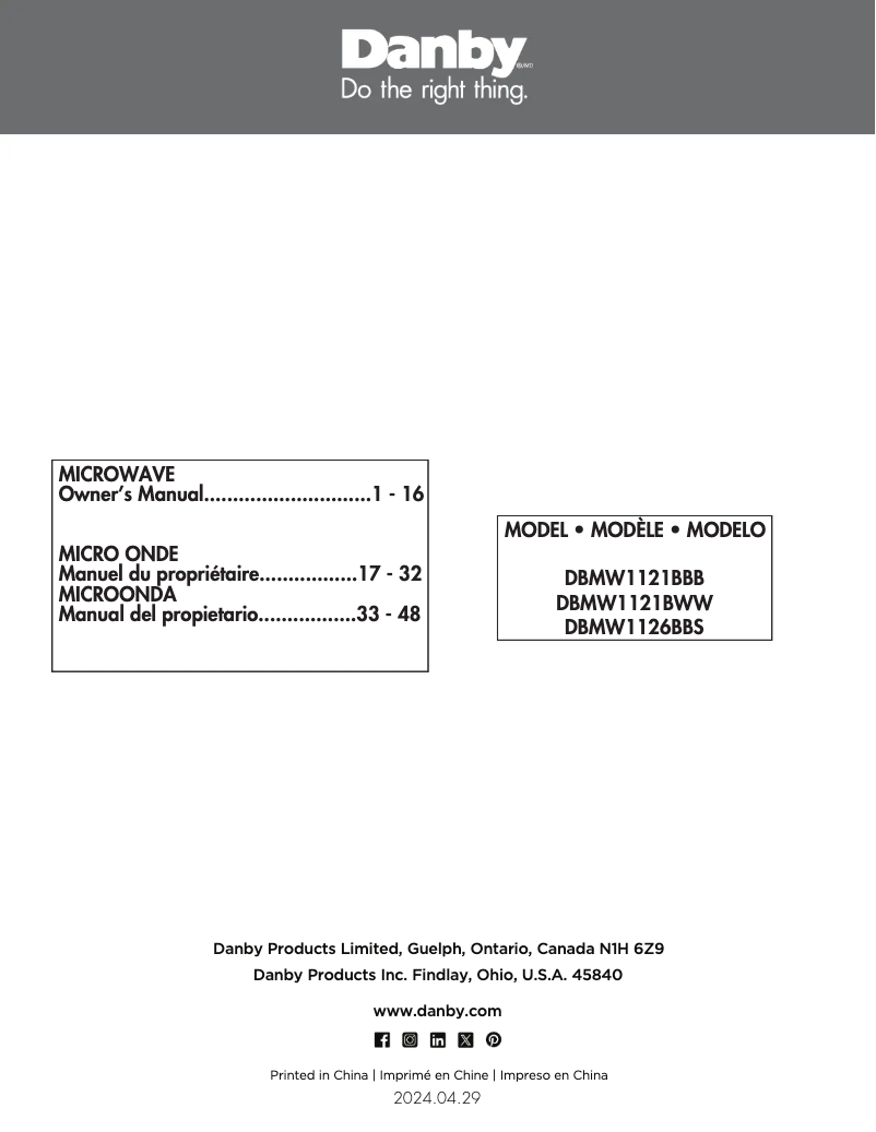 Page 1 de la notice Manuel utilisateur Danby DBMW1121BBB