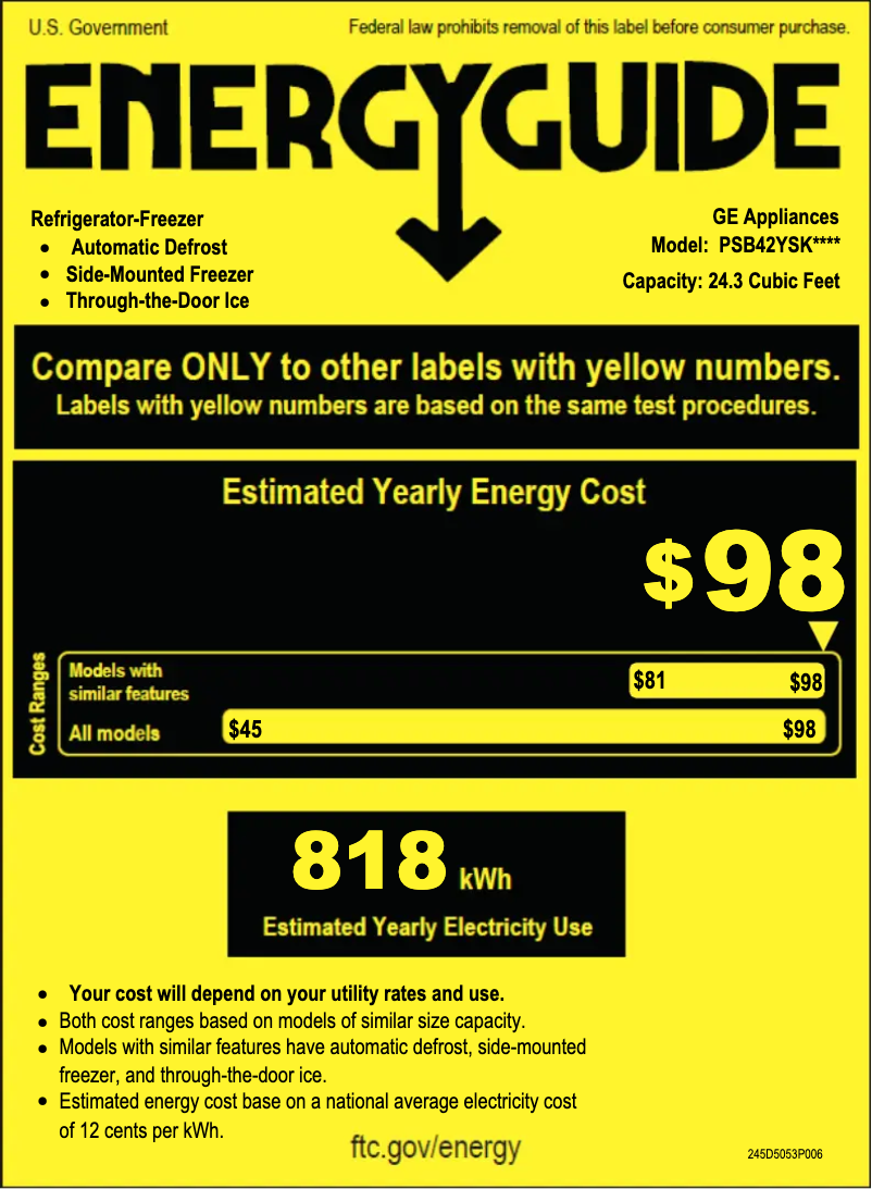 Page n°1 - Label énergétique GE Profile PSB42YSKSS