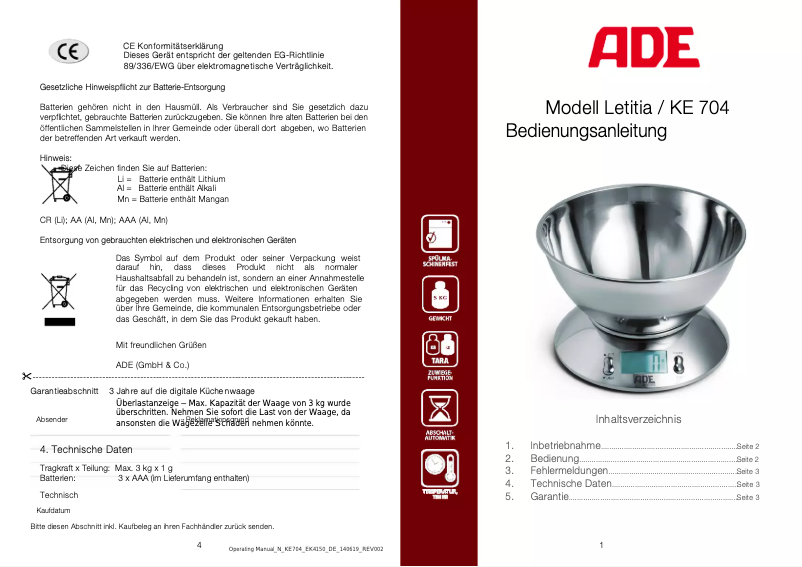 Page 1 de la notice Manuel utilisateur ADE Letitia KE 704