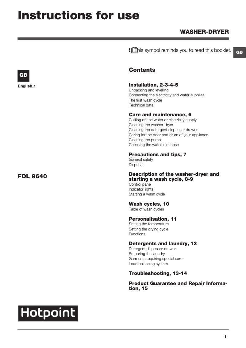 Página 1 del manual Manual de usuario Hotpoint FDL 9640P UK