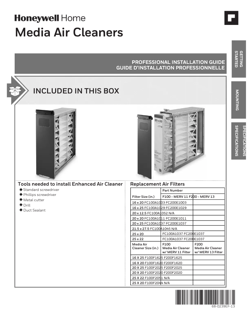 Page 1 de la notice Guide d'installation Honeywell F100F1620/U