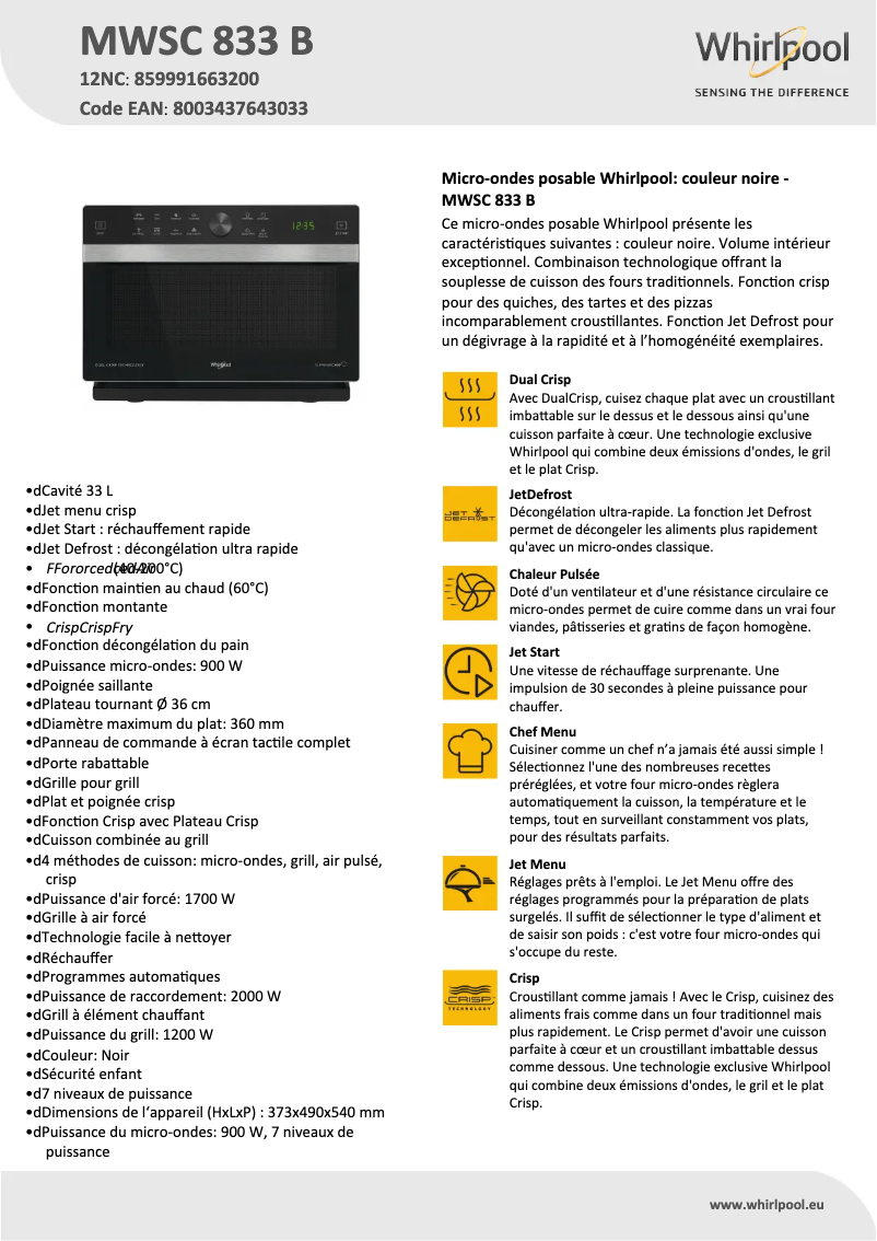 Page 1 de la notice Manuel utilisateur Whirlpool MWSC 833 B