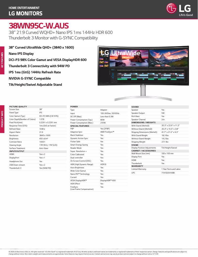 Page 1 de la notice Fiche technique LG UltraWide 38WN95C