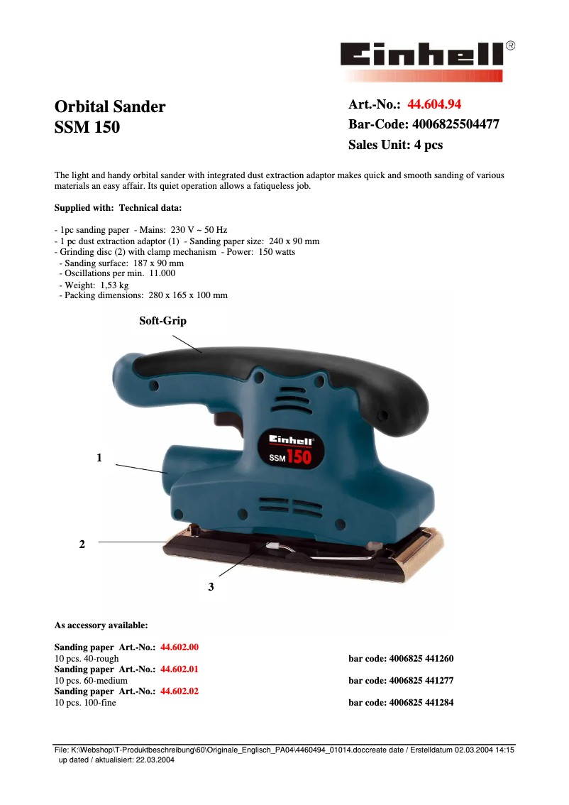 Page 1 de la notice Fiche technique Einhell SSM 150