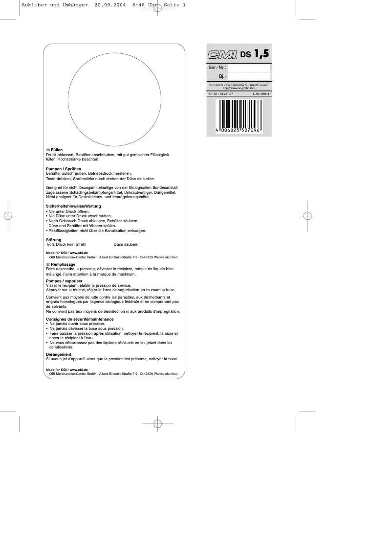 Page 1 of the manual User Manual CMI DS 1,5