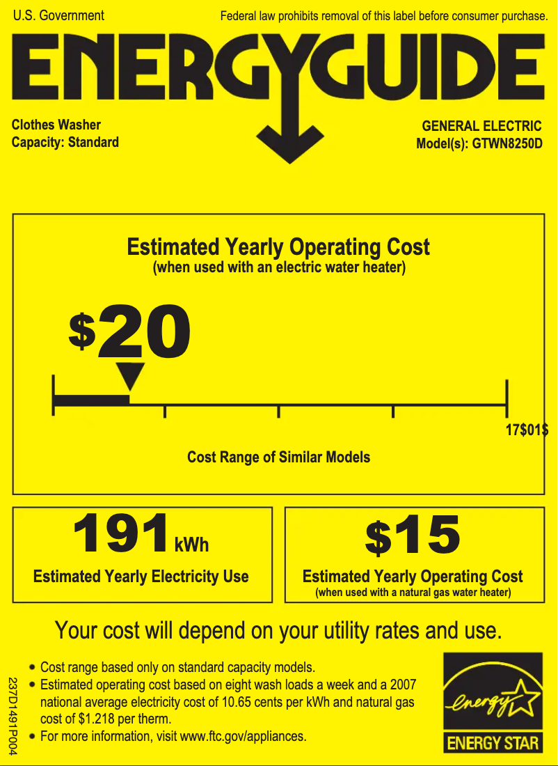 Page 1 de la notice Label énergétique GE GTWN8250DWS