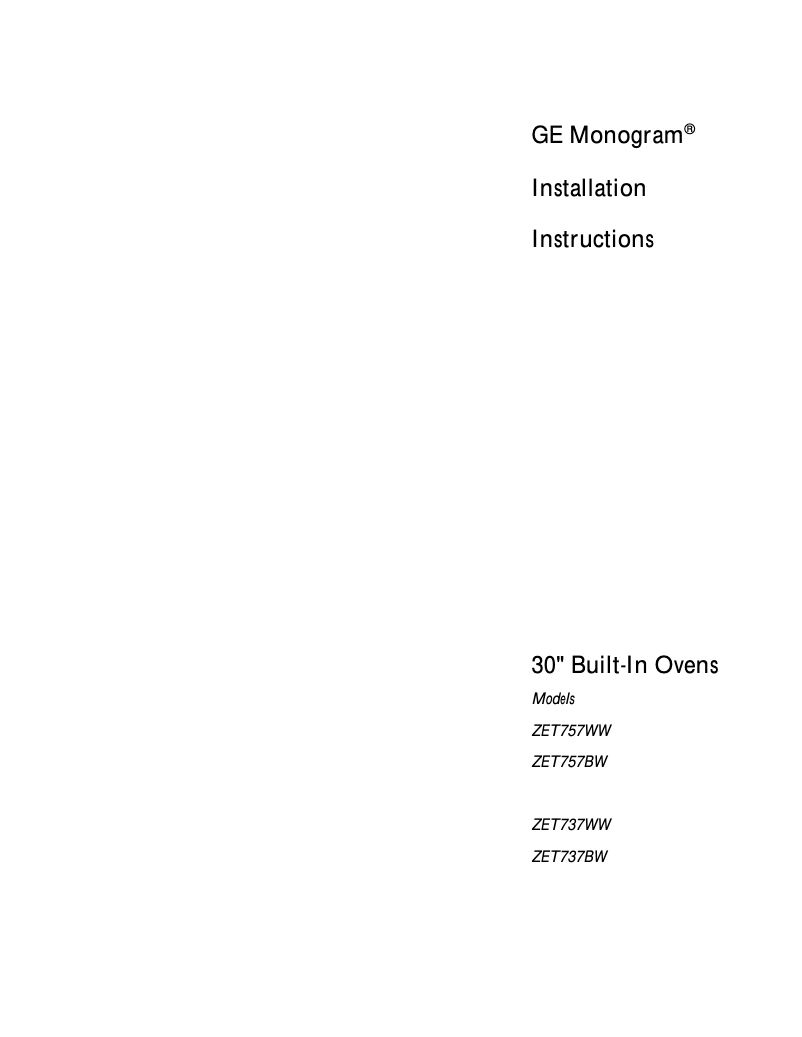 Page 1 de la notice Guide d'installation GE ZET737WAWW