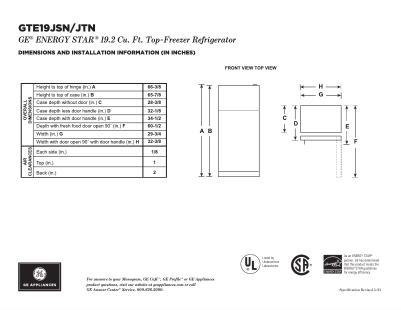 Page 1 de la notice Fiche technique GE GTE19JTNRWW