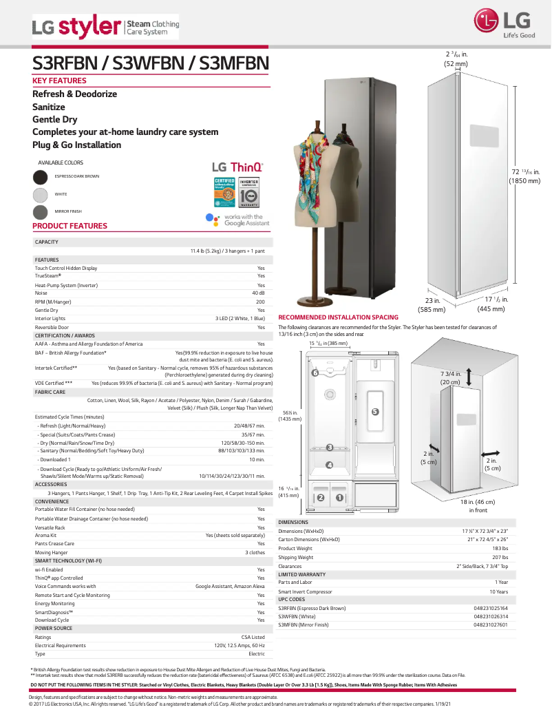Page 1 de la notice Fiche technique LG Styler S3WFBN