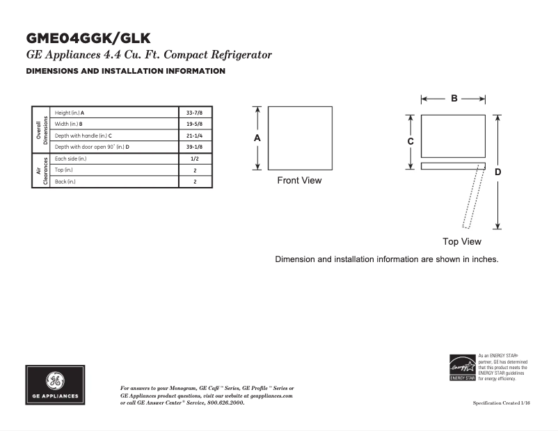 Página 1 del manual Ficha técnica GE GME04GGKBB