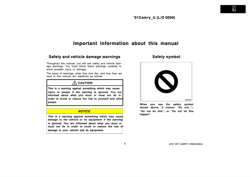 Page 1 de la notice Manuel utilisateur Toyota Camry (2001)