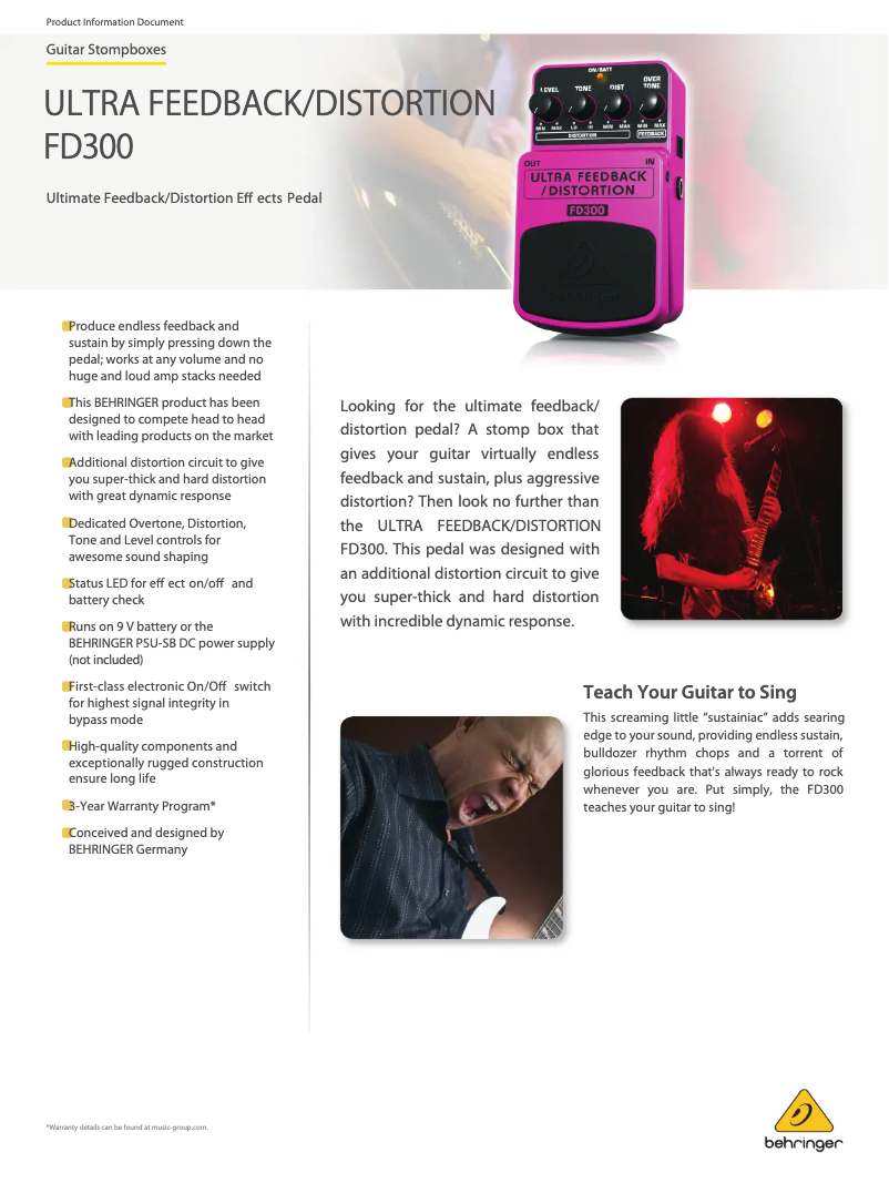Página 1 del manual Ficha técnica Behringer Ultra Feedback Distortion FD300