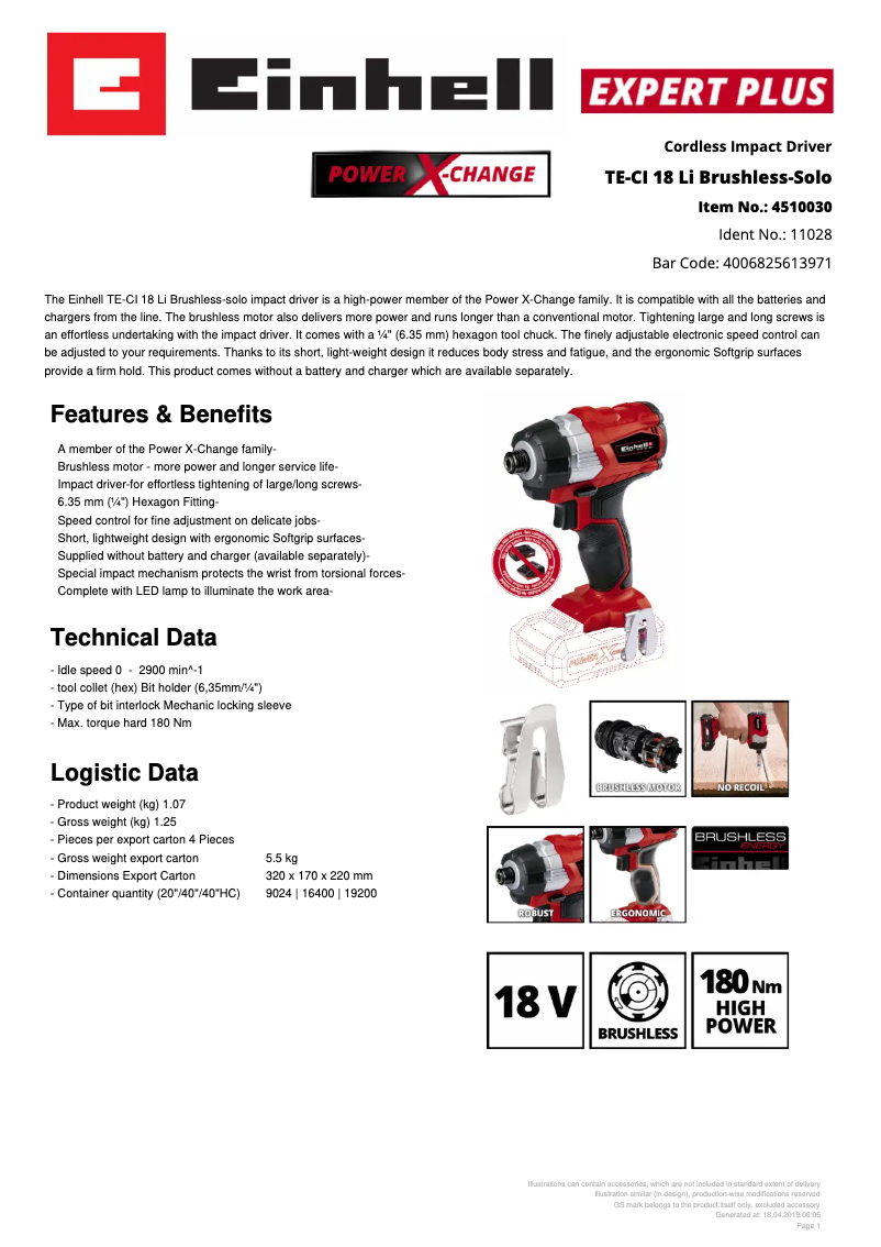 Página 1 del manual Ficha técnica Einhell TE-CI 18 Li BL-Solo