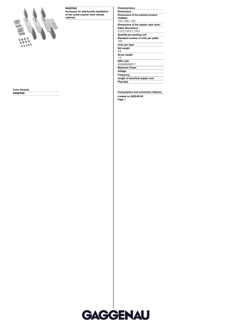 Page 1 de la notice Fiche technique Gaggenau RA097600