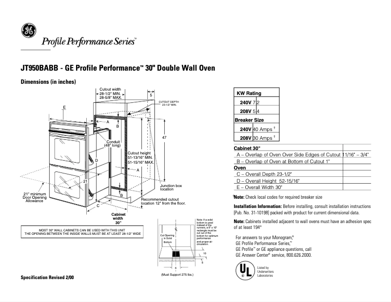 Página 1 del manual Ficha técnica GE Profile Performance JT950BABB