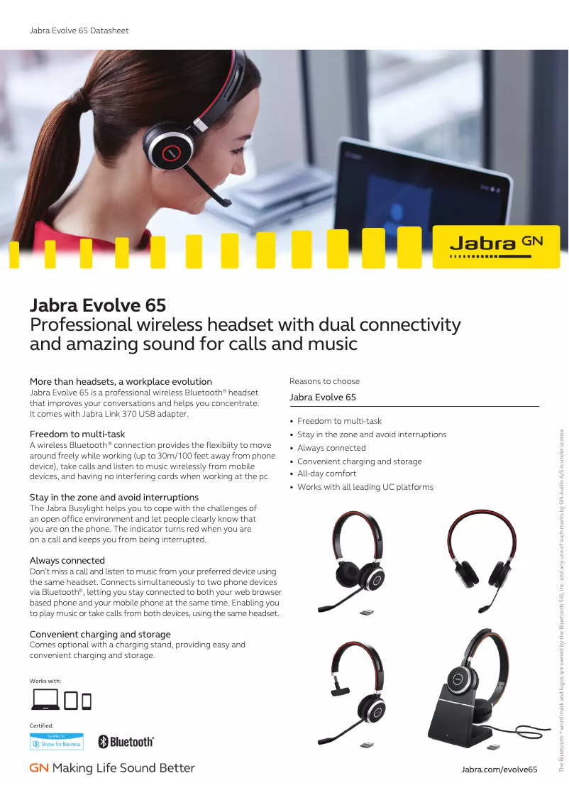 Page 1 de la notice Fiche technique Jabra Evolve 65