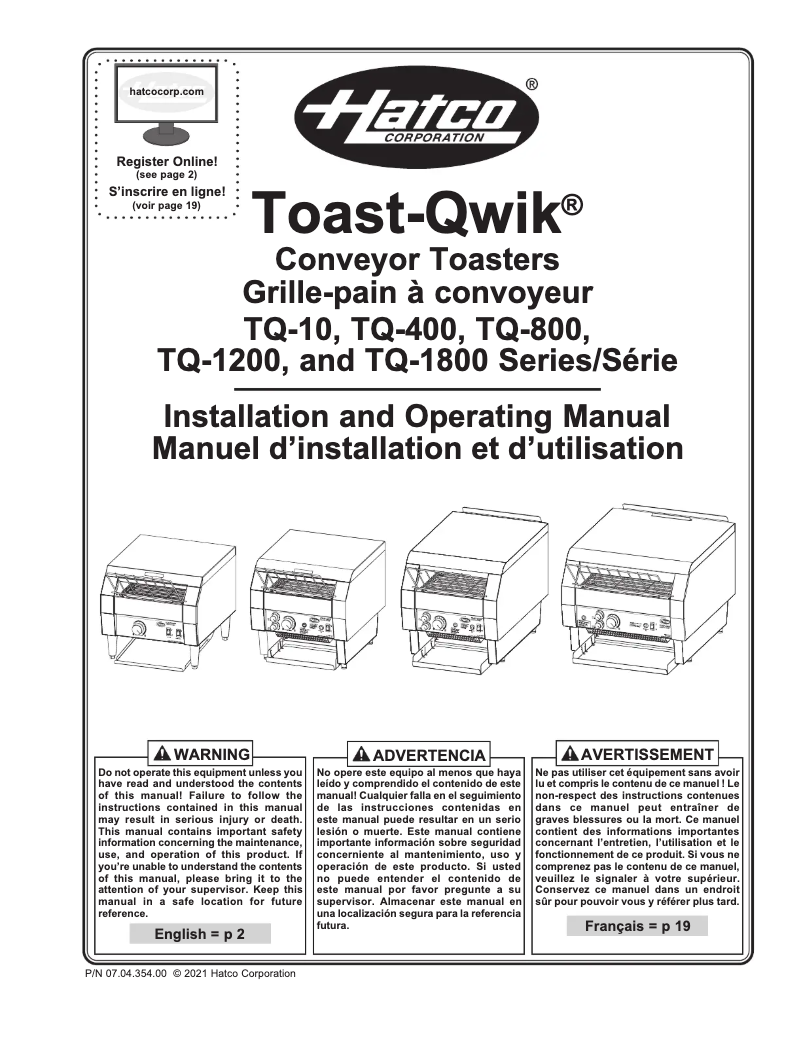 Page 1 de la notice Manuel utilisateur Hatco Toast-Qwik TQ-800H
