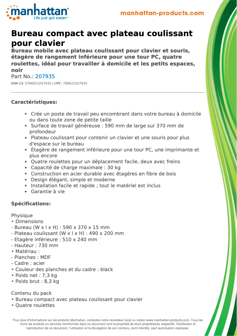 Page 1 de la notice Fiche technique Manhattan 207935