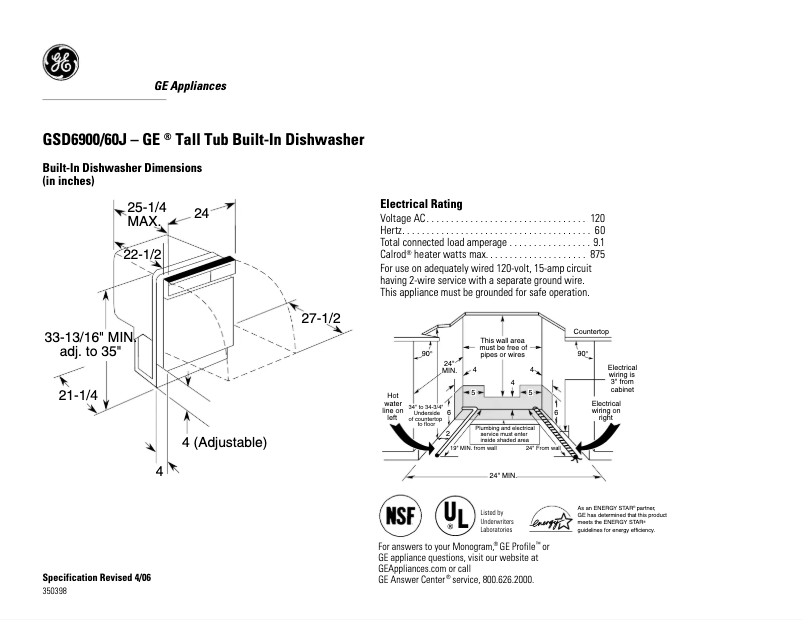 Page 1 of the manual Technical Sheet GE GSD6900JWW