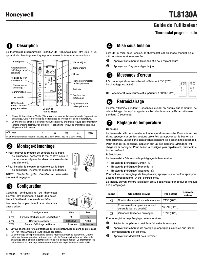 Page 1 de la notice Manuel utilisateur Honeywell TL8130A
