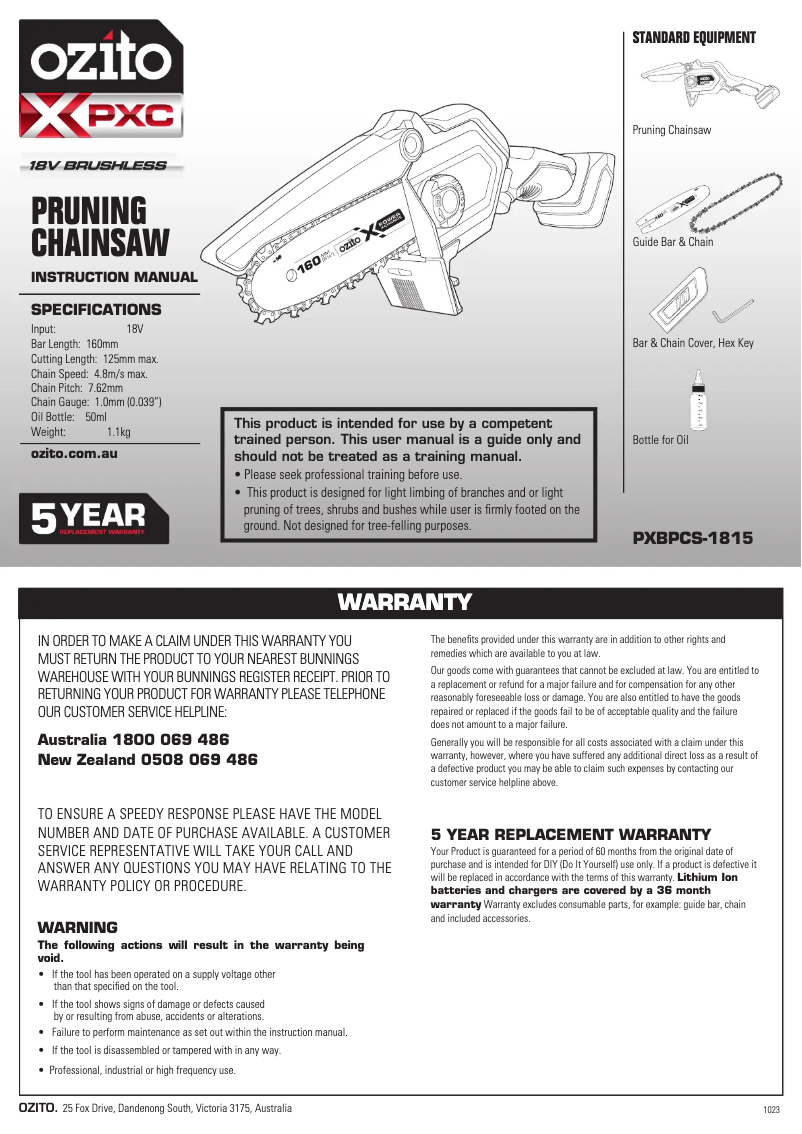 Page 1 de la notice Manuel utilisateur Ozito PXBPCK-1825