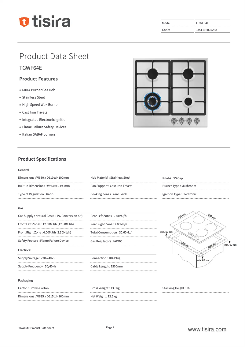 Page 1 de la notice Fiche technique Tisira TGWF64E