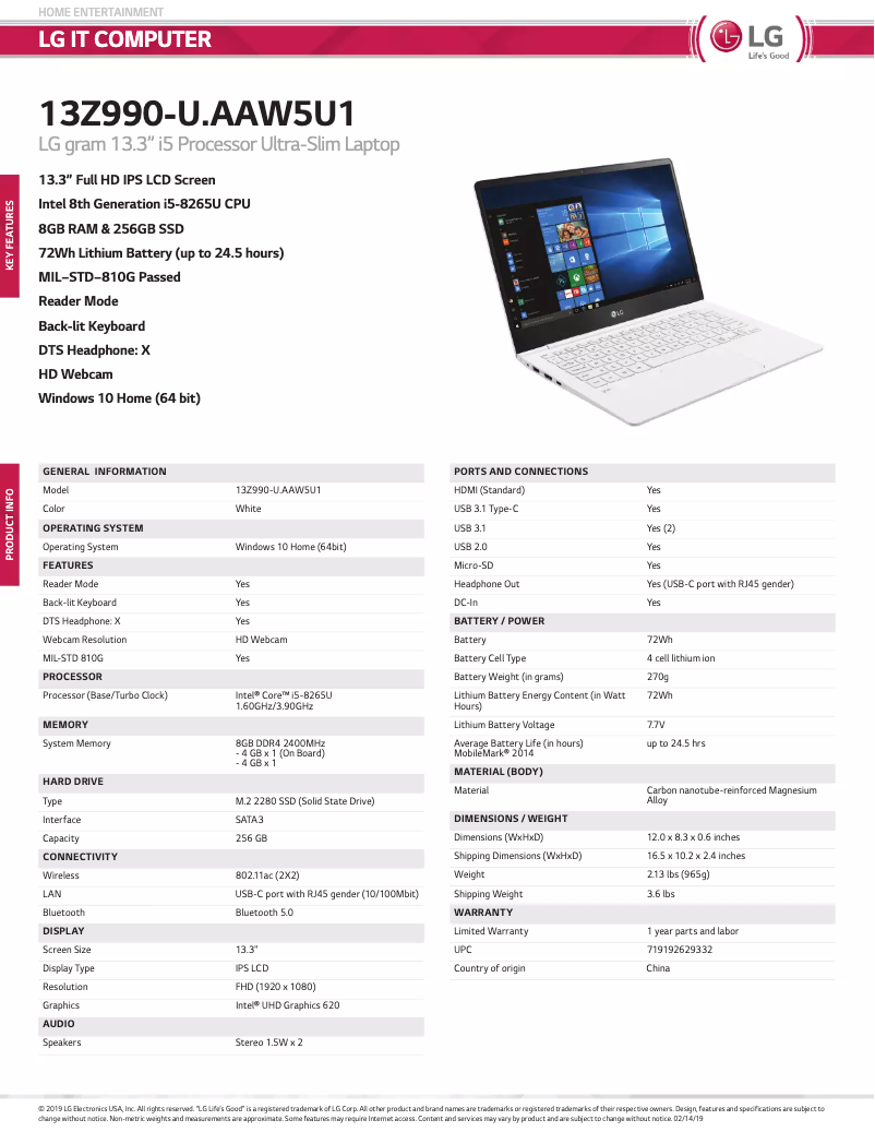 Page 1 de la notice Manuel utilisateur LG 13Z990-U.AAW5U1