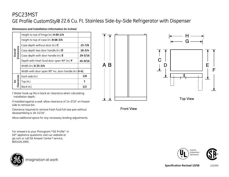 Page 1 of the manual Technical Sheet GE PSC23MSTSS