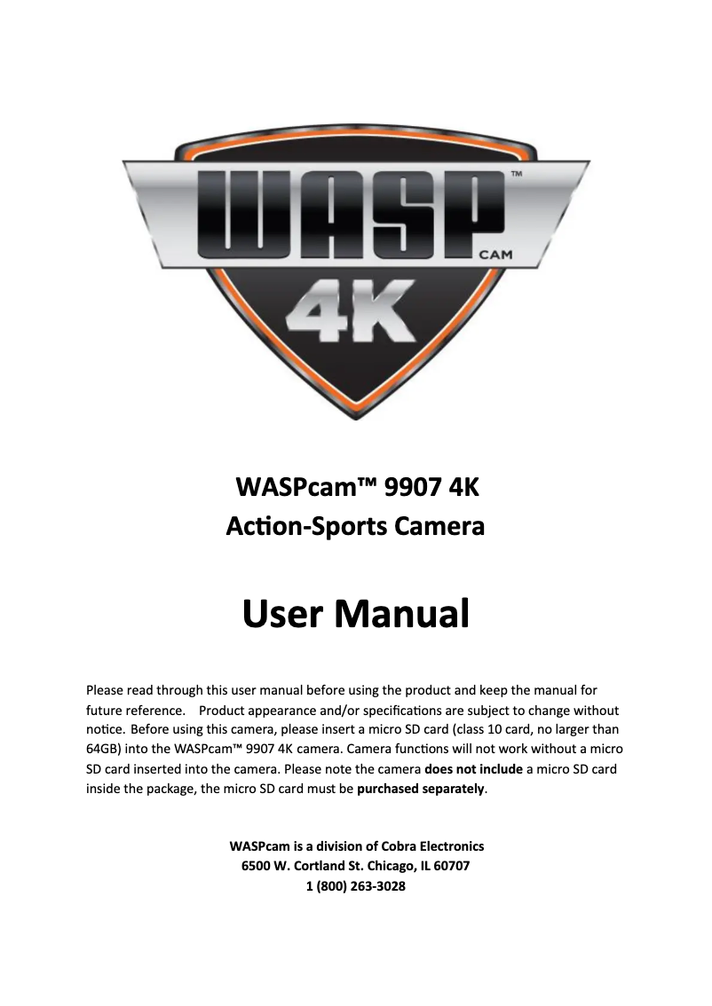Page 1 of the manual User Manual Cobra WASPcam 9907 4K