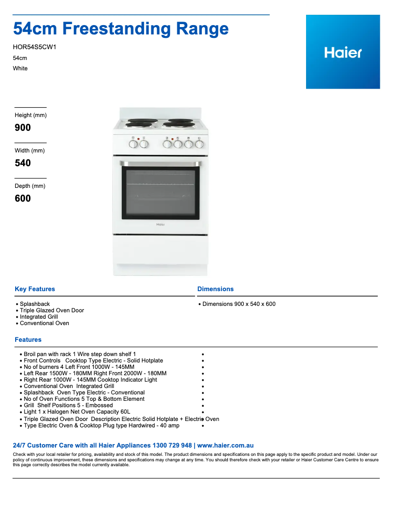 Página 1 del manual Ficha técnica Haier HOR54S5CW1